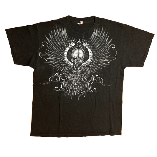 Alstyle Apparel and Activewear Y2K Design Skull Wings Black Cotton Tshirt - Large - 22" x 28.5"