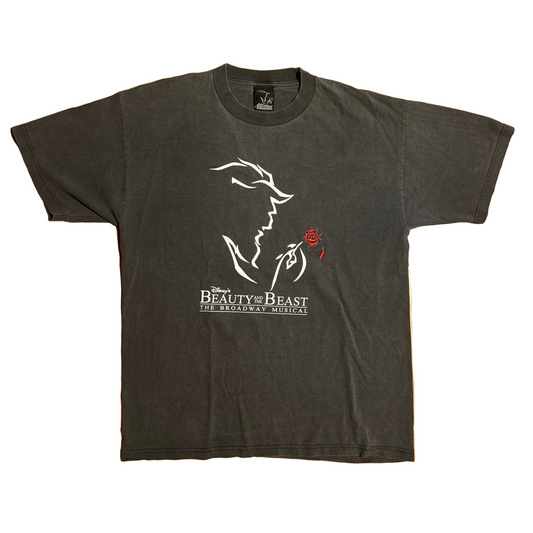 Disney’s Beauty and the Beast Broadway Musical Embroidered Black Grey Faded Cotton Tshirt - Medium - 21" x 28"