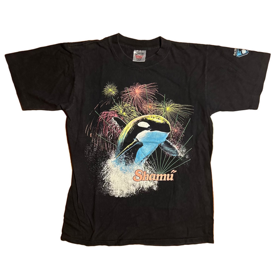 90’s Oneita Phuck Sea World Shamu Orca Whale Black Grey Faded Cotton Tshirt - Small - 19" x 27"
