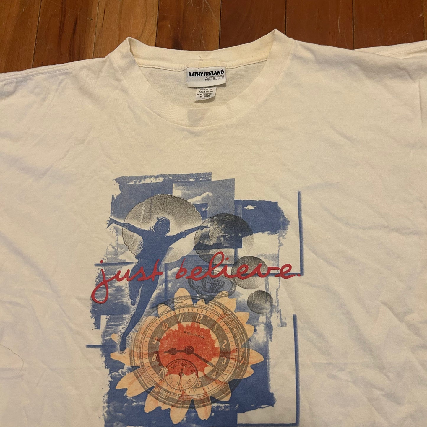 90's Kathy Ireland Active Just Believe White Tshirt - XLarge - 25" x 29"
