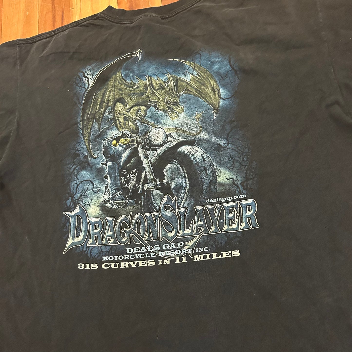 Anvil Deal's Gap Dragon Slayer Motorcycle Black Faded Tshirt - XLarge - 24" x 28"