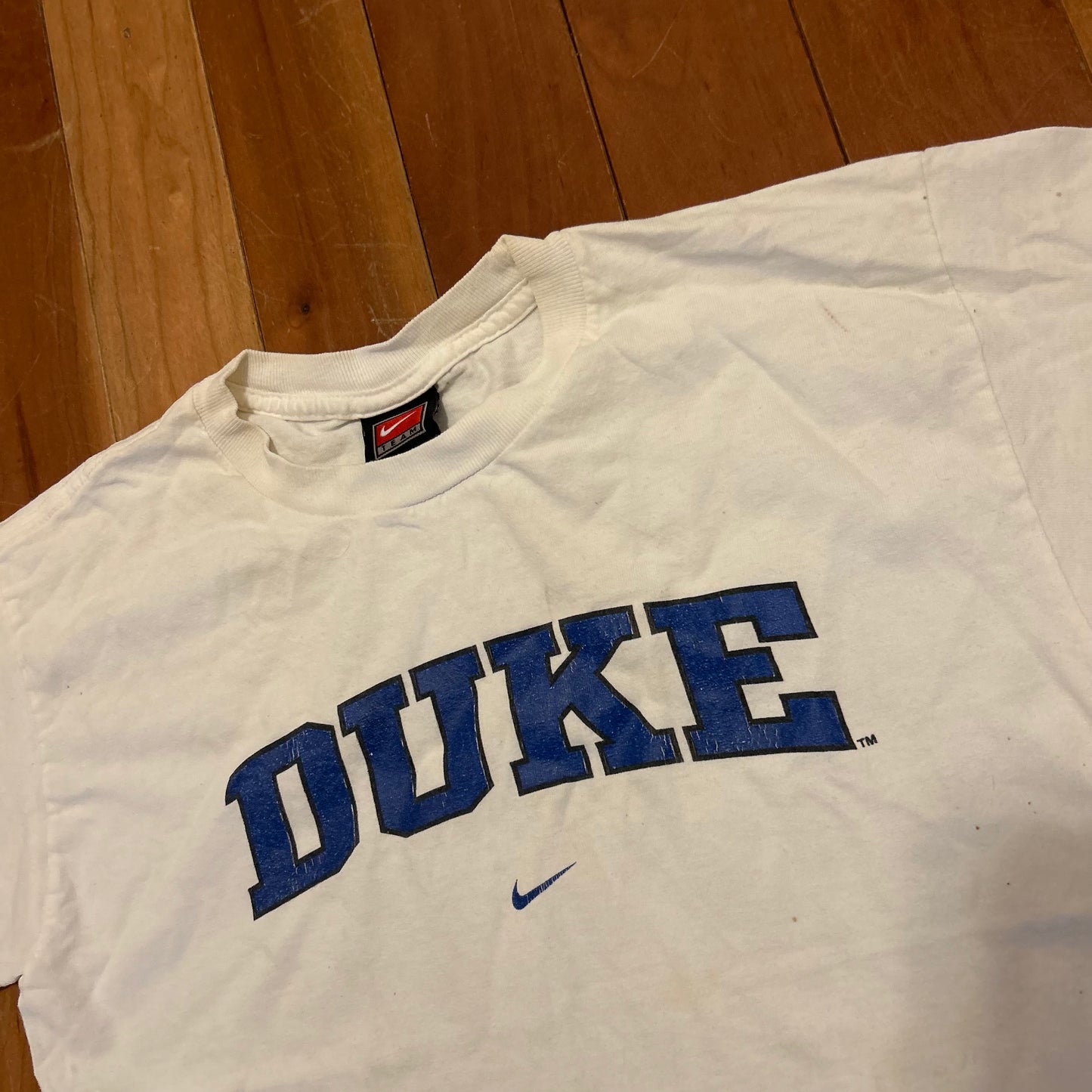 Team Nike Duke University White Blue Swoosh Tshirt - Small - 18" x 22.5"