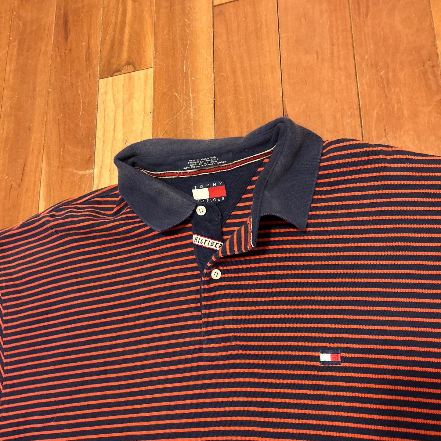 Tommy Hilfiger Horizontal Striped Red Navy Polo Collared Shirt - XLarge - 24" x 29"