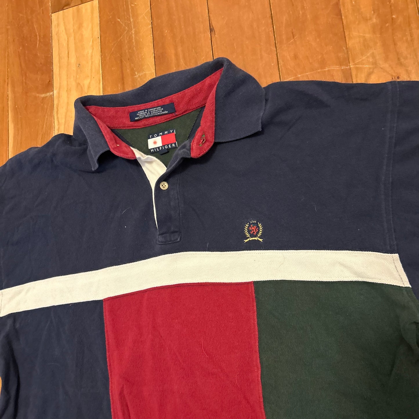 Tommy Hilfiger Colorblocked Navy Green Red White Collared Polo Shirt - Large - 23" x 27"