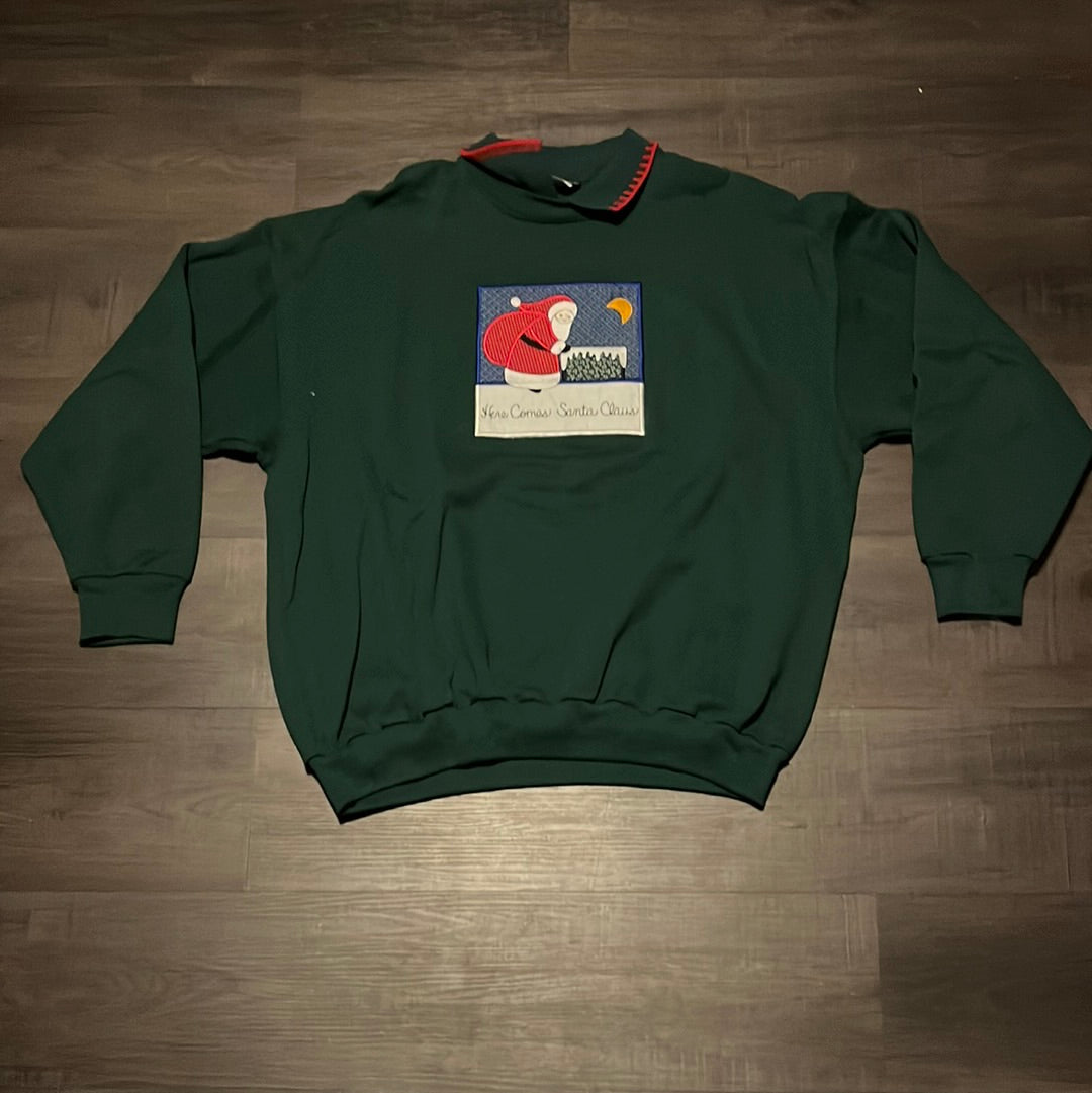 Camiseta con cuello redondo Here Comes Santa Claus de los años 80 - XL - 24" x 27"