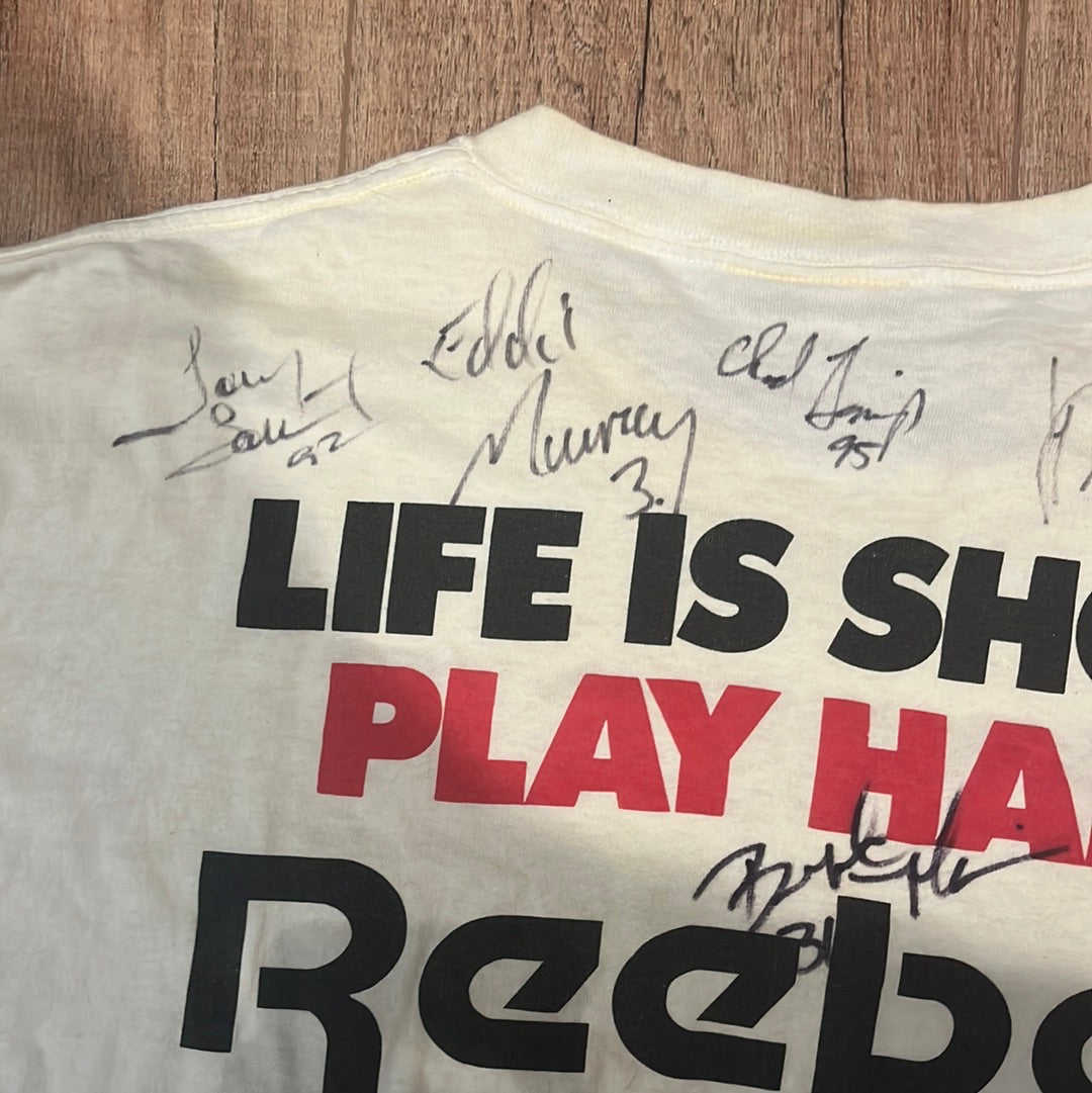 Camiseta Play Hard de Little Caesars Coke Reebok de los años 90 - Grande - 22" x 29"