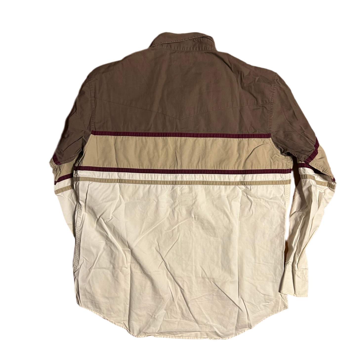 Express Rider Pearl Snap Brown Grey White Western Multicolor Blocked Button Up Down Shirt - XLarge - 24” x 30”