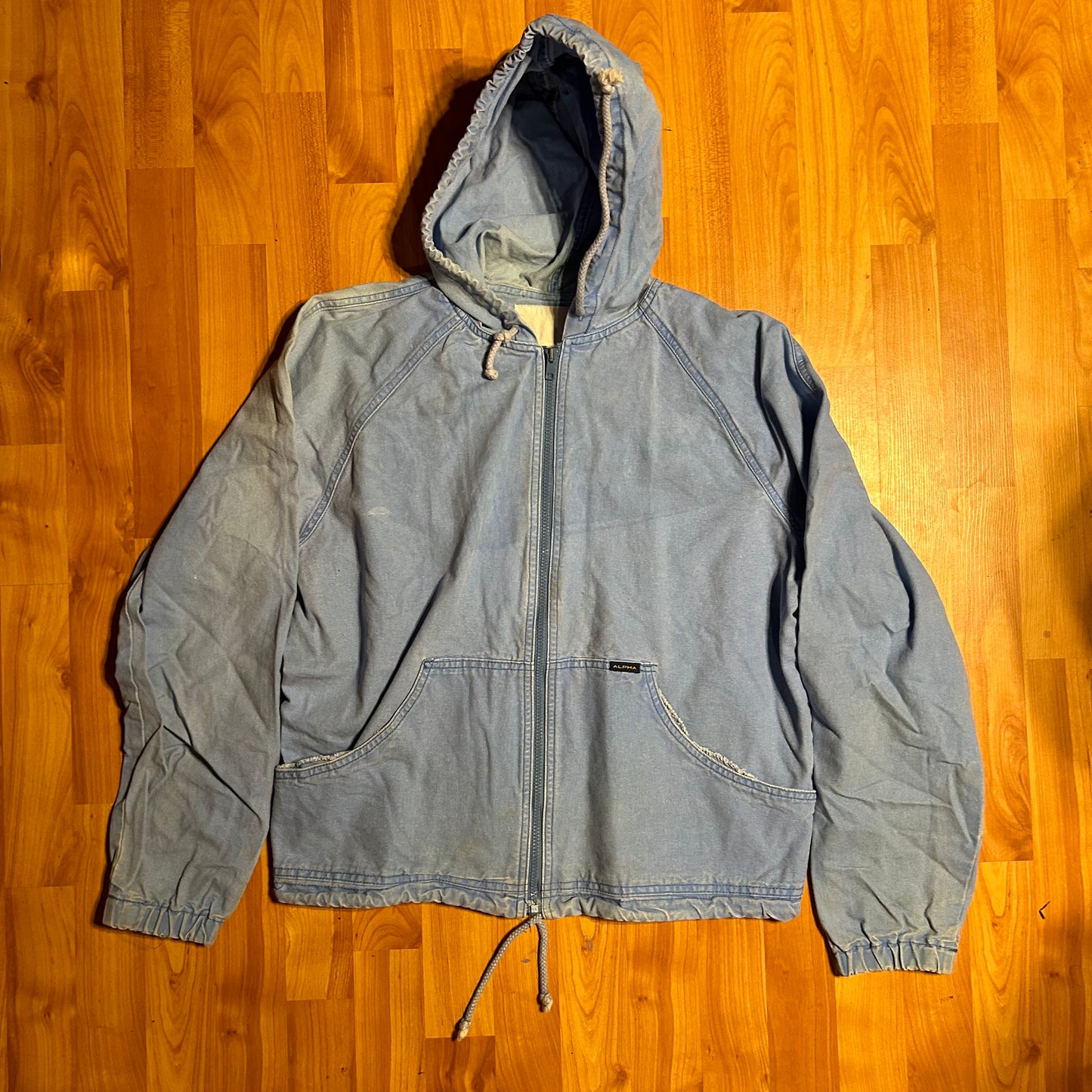 Denim Light Blue Hooded Work Jacket Coat - Large - 22” x 24”