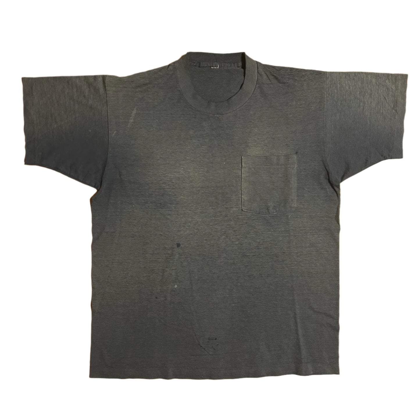 80/90’s Single Stitch Distressed Sun Faded Navy Thin Blank Pocket Tshirt - Large - 22” x 27”