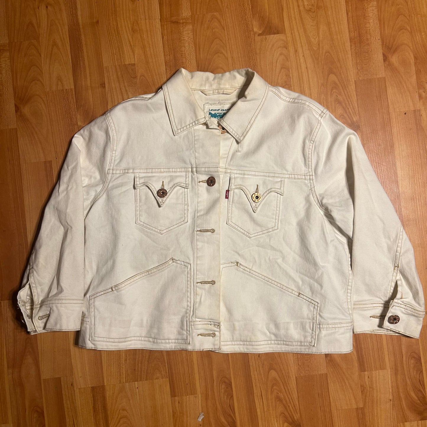 Levi's White Denim Button Up Jean Jacket - Large - 22” x 21.5”