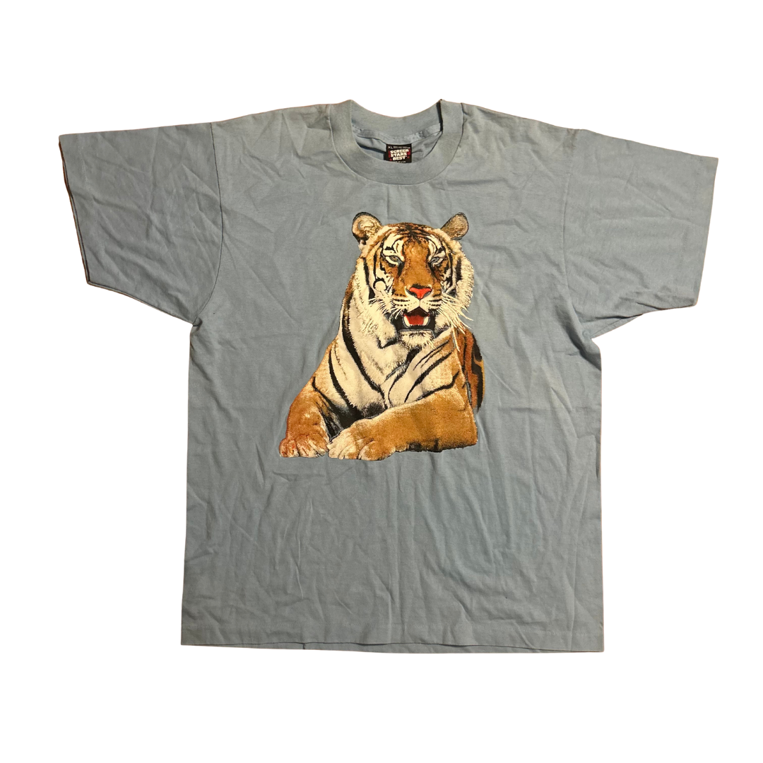 90's Screen Stars Best Lion Tiger Light Blue Tshirt - Large - 22" x 29"