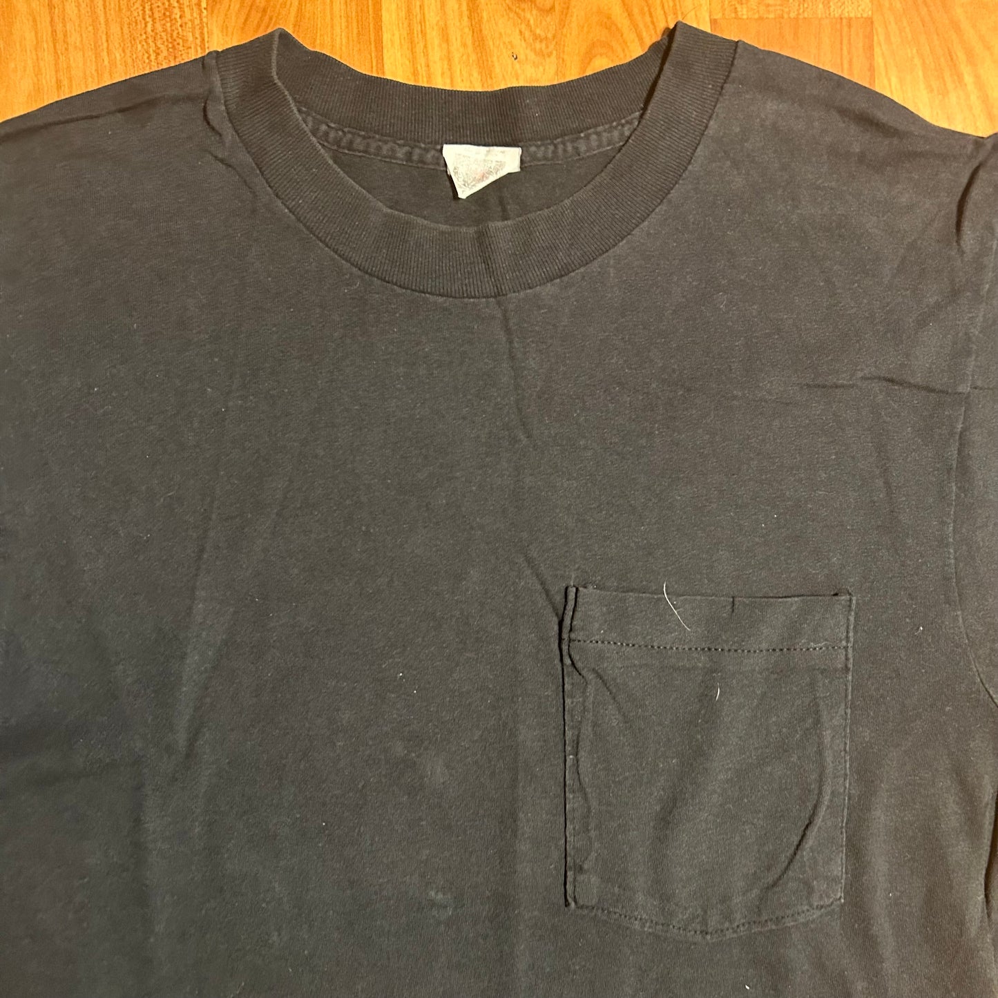 90’s FOTL Blank Black Single Stitch Faded Pocket Tshirt - Small - 18” x 27.5”