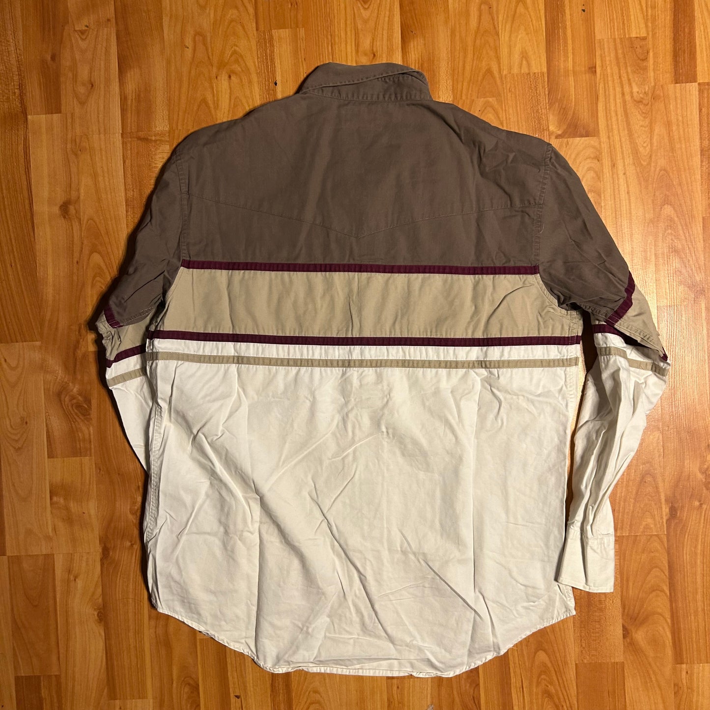 Express Rider Pearl Snap Brown Grey White Western Multicolor Blocked Button Up Down Shirt - XLarge - 24” x 30”