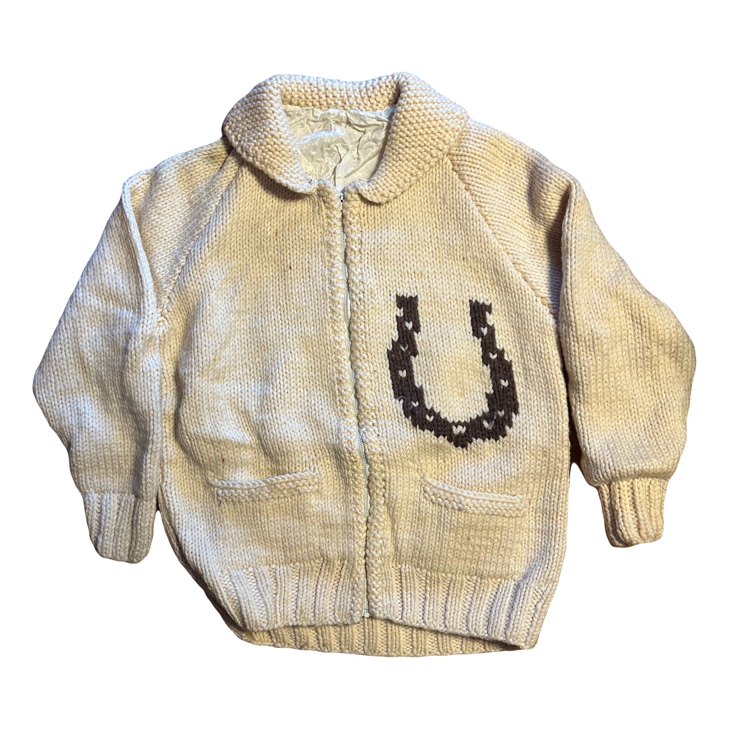 70/80’s Cowichan Zip Up Cardigan Horse Sweater - Medium - 20” x 23”