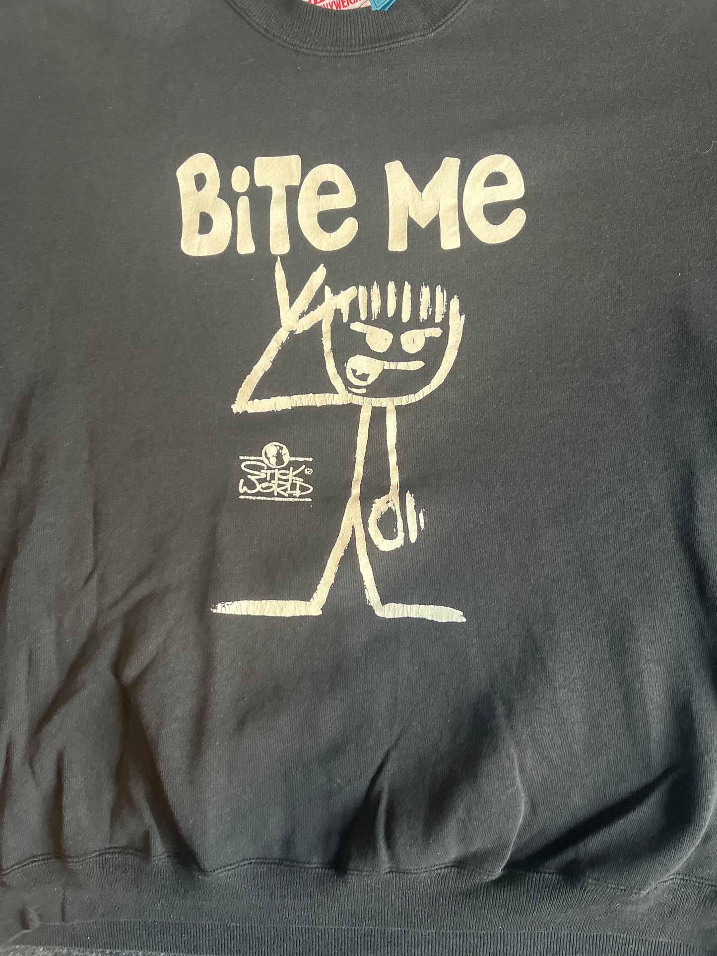 90's Hanes Bite Me Stick World Crewneck Sweatshirt - XLarge - 25" - 27.5"