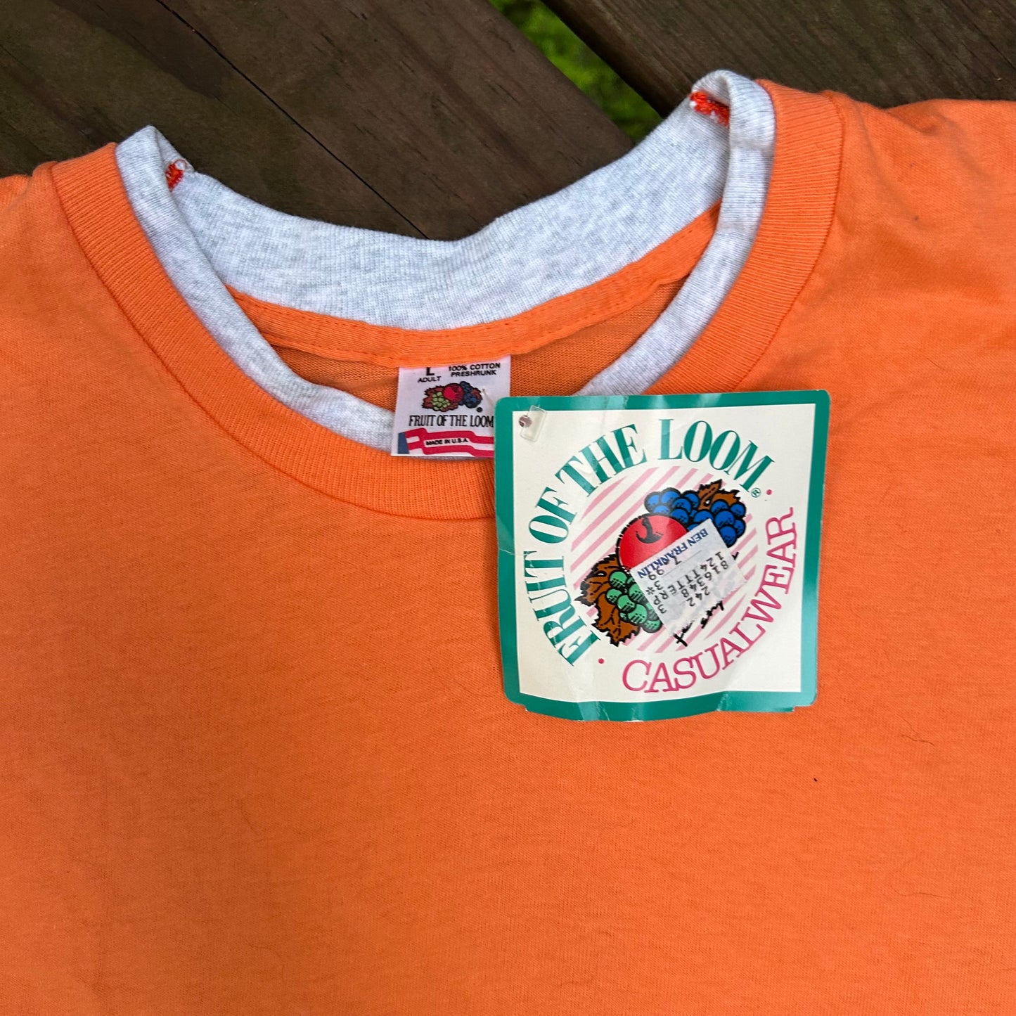 90’s FOTL NWT Double Sleeved Orange Grey Blank Tshirt - Medium - 21” x 30”