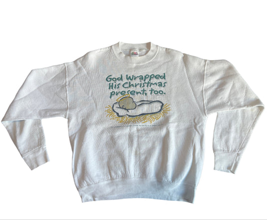 90's Best FOTL God Wrapped His Christmas Presents Too Crewneck Sweatshirt - Large - 22" x 25"