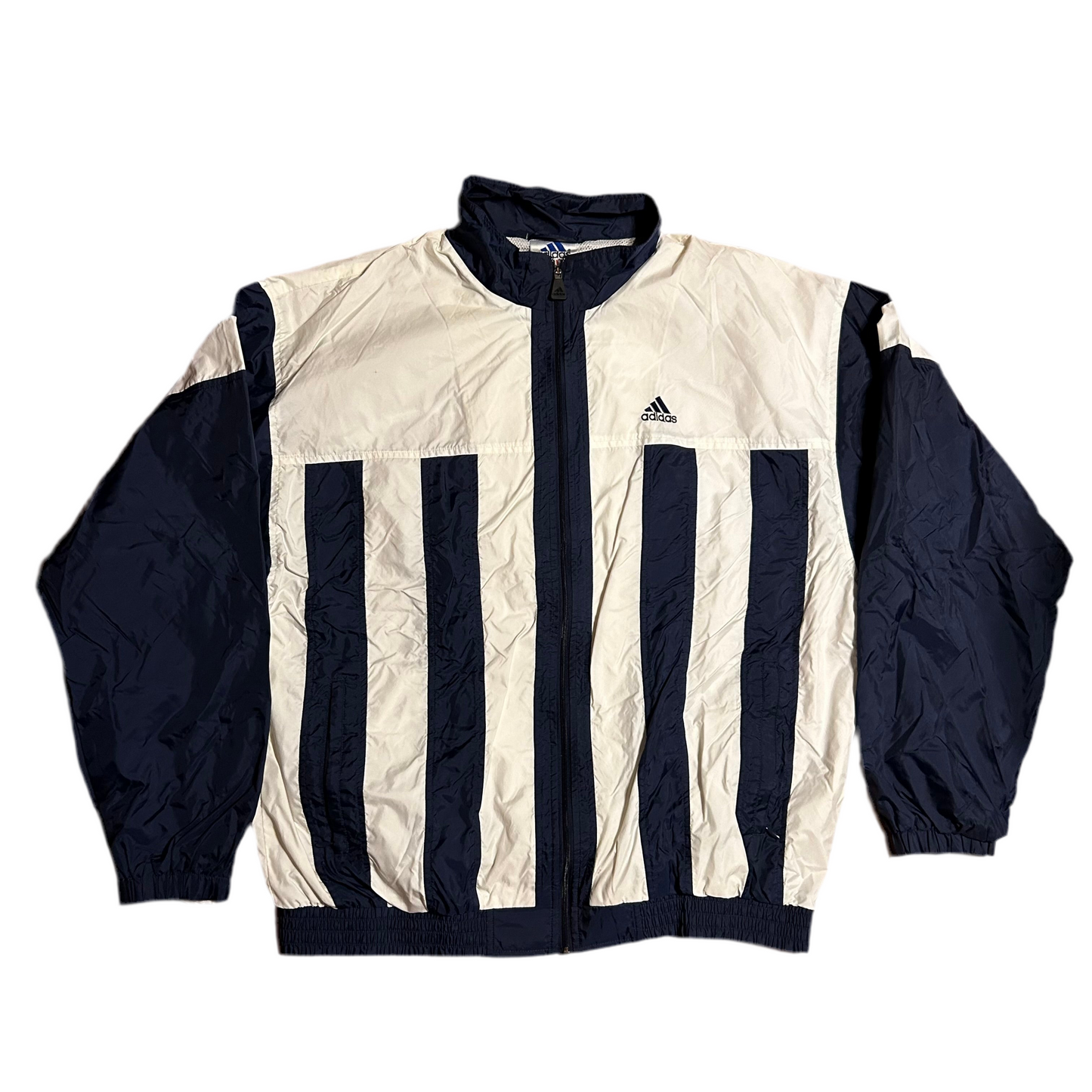 90's Adidas Navy Striped Windbreaker Jacket - XLarge - 26” x 29.5”