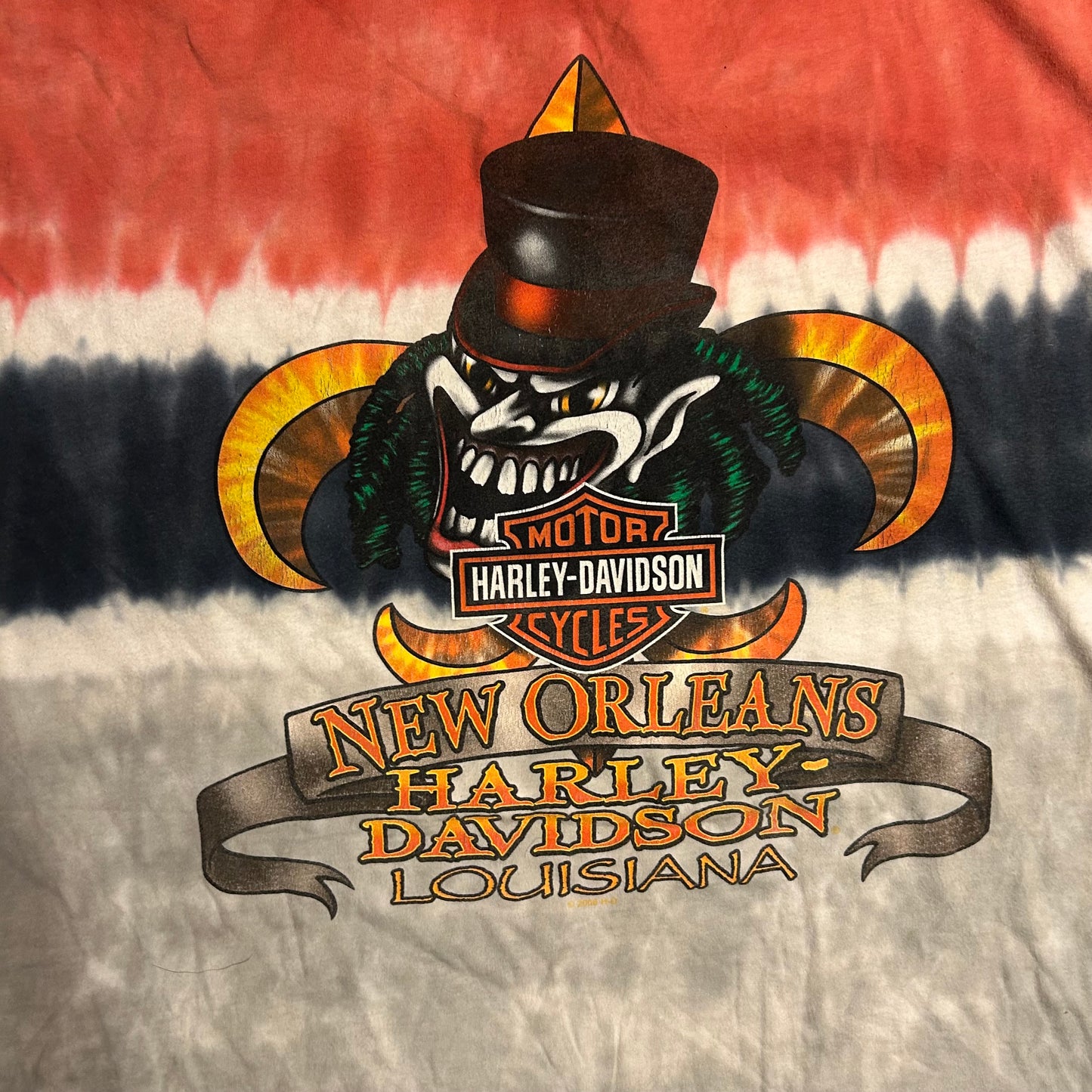 Tie Dye Harley Davidson Motorcycles Genuine Trademark 2008 New Orleans Louisiana Tshirt - XLarge - 27" x 32"