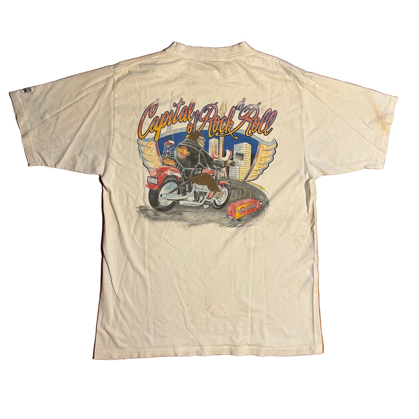 Hard Rock Cafe Heavy Tee Captain of Rock N Roll Tokyo Monkey Motorcycle White Tshirt - Medium - 21” x 30”