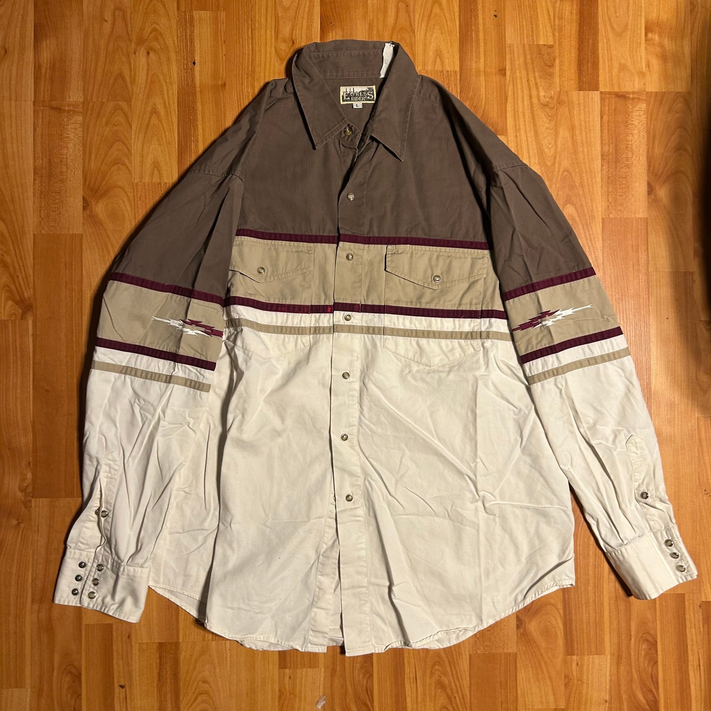 Express Rider Pearl Snap Brown Grey White Western Multicolor Blocked Button Up Down Shirt - XLarge - 24” x 30”