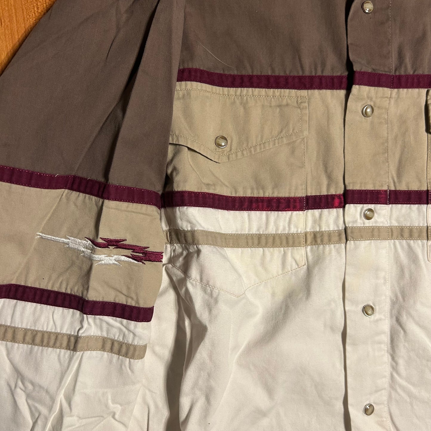 Express Rider Pearl Snap Brown Grey White Western Multicolor Blocked Button Up Down Shirt - XLarge - 24” x 30”