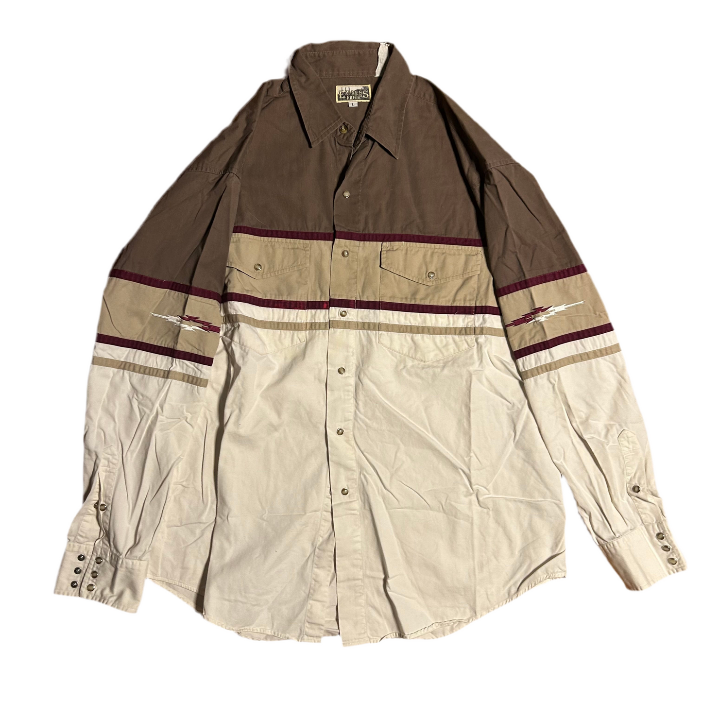 Express Rider Pearl Snap Brown Grey White Western Multicolor Blocked Button Up Down Shirt - XLarge - 24” x 30”