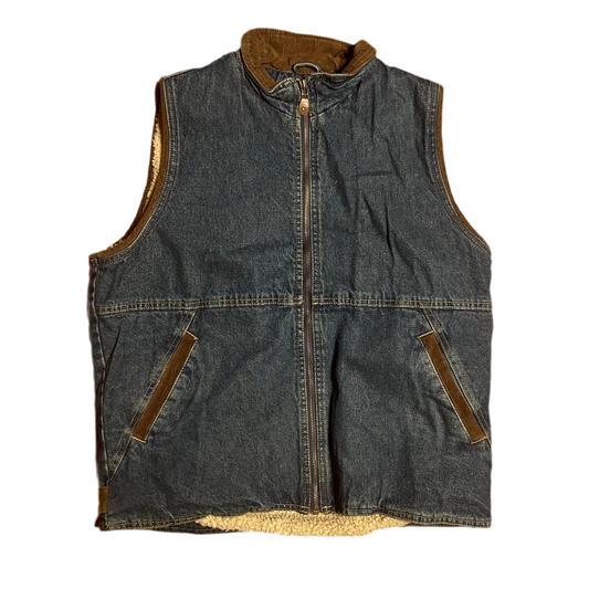 Wrangler Fleece Lined Denim Leather Vest Zip Up - Large - 22” x 25”