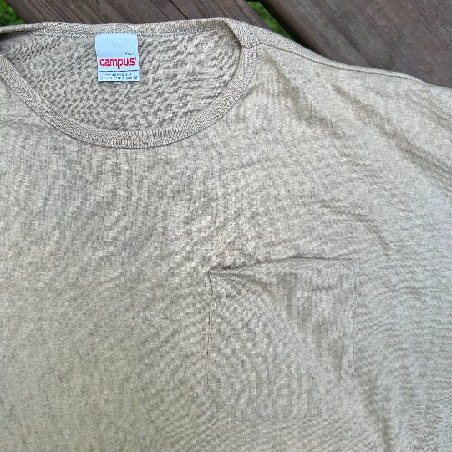 80/90’s Campus Tan Blank Pocket Tshirt - Medium - 21” x 26”