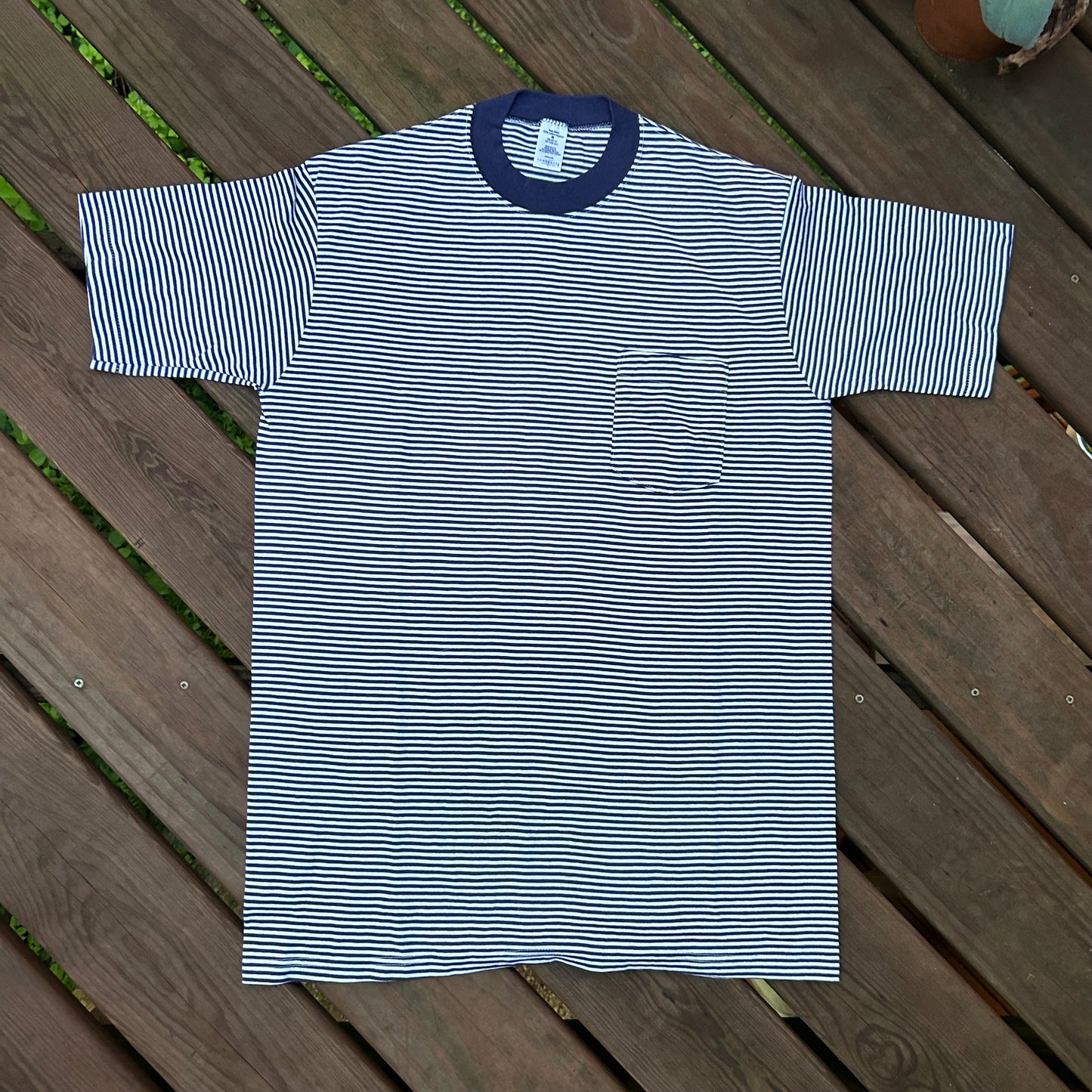 90’s Polo Striped Blank Navy Tshirt - Large - 22” x 32”