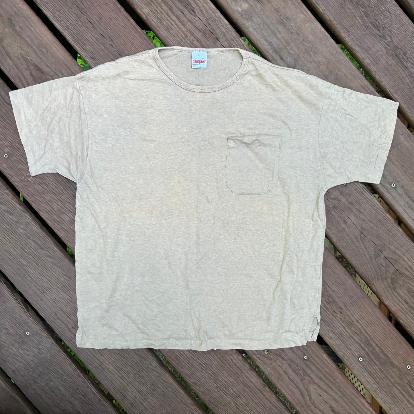 80/90’s Campus Tan Blank Pocket Tshirt - Medium - 21” x 26”