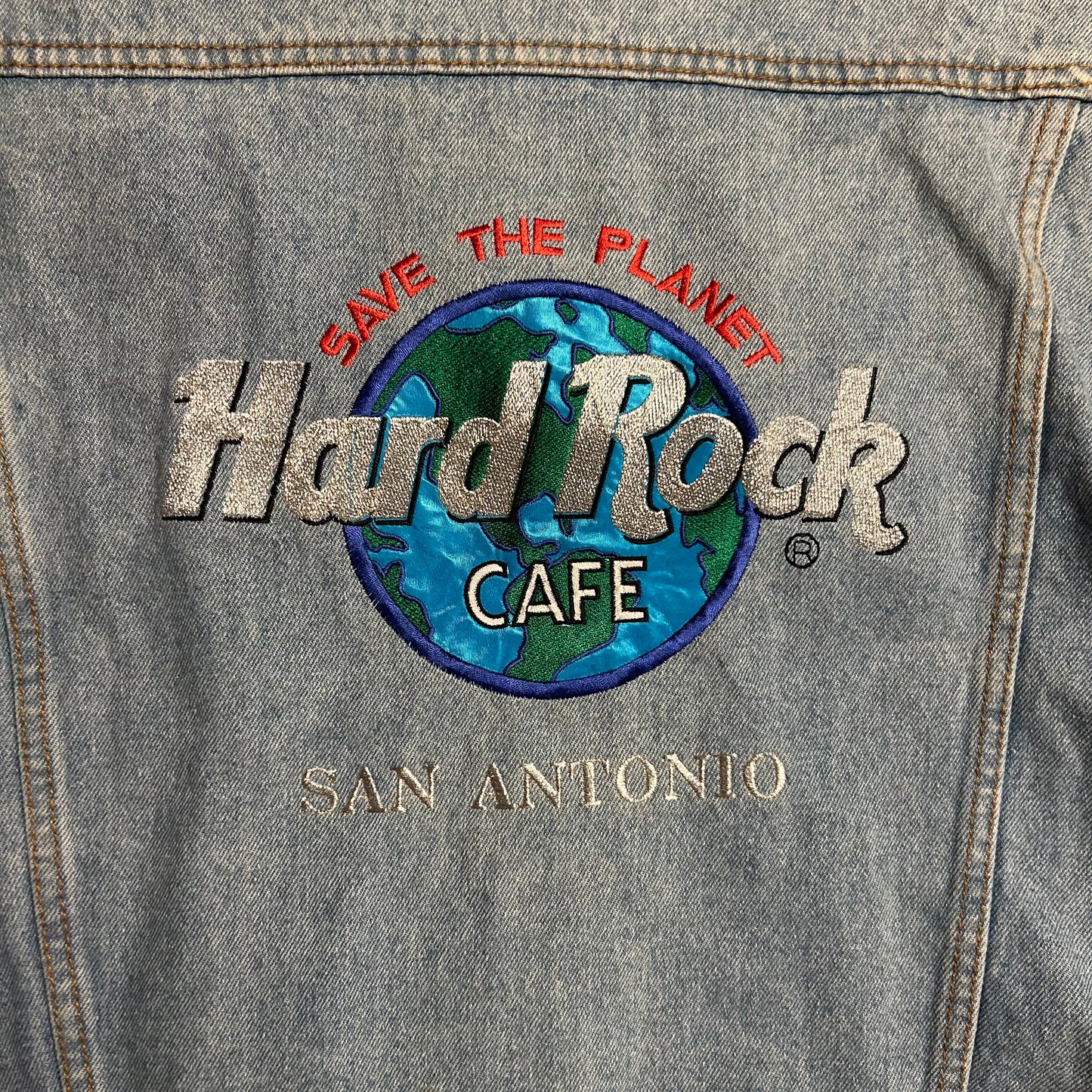 Hard Rock Cafe Save the Planet Denim Button Up Jean Jacket - Large - 23” x 26.5”