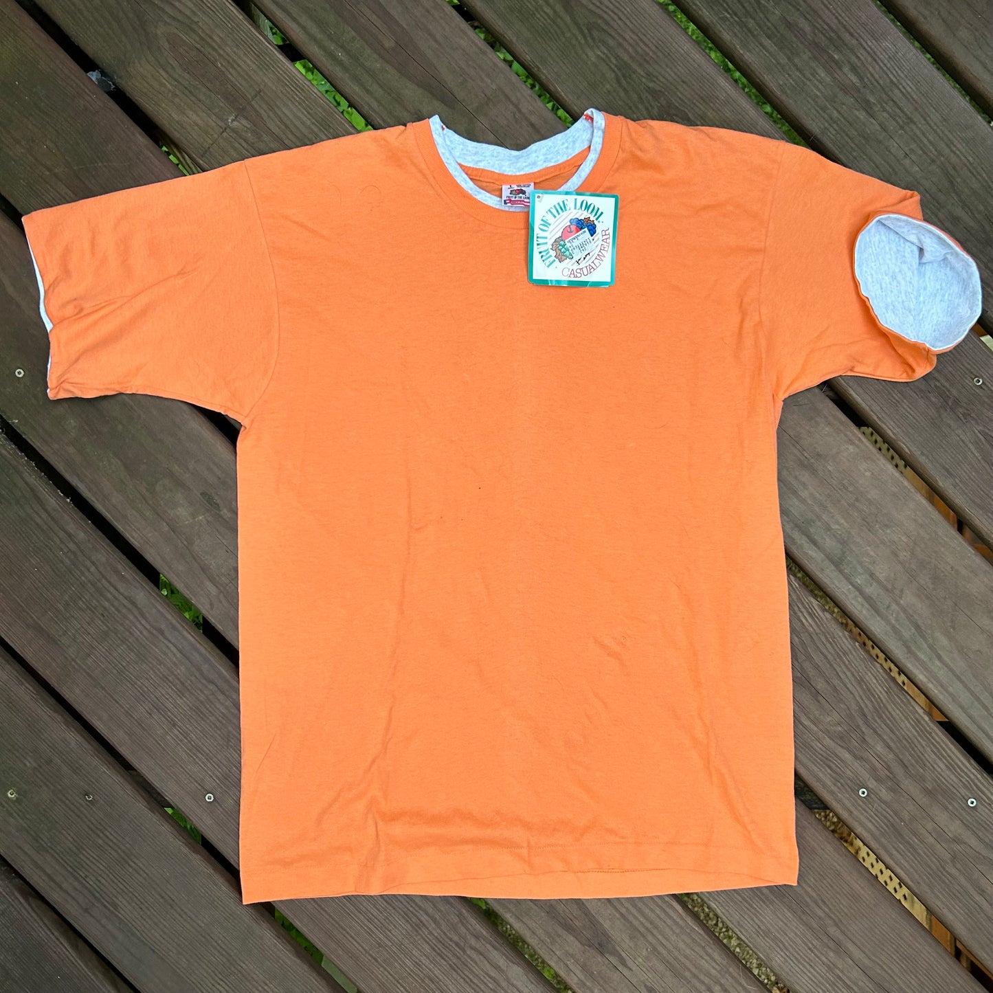 90’s FOTL NWT Double Sleeved Orange Grey Blank Tshirt - Medium - 21” x 30”