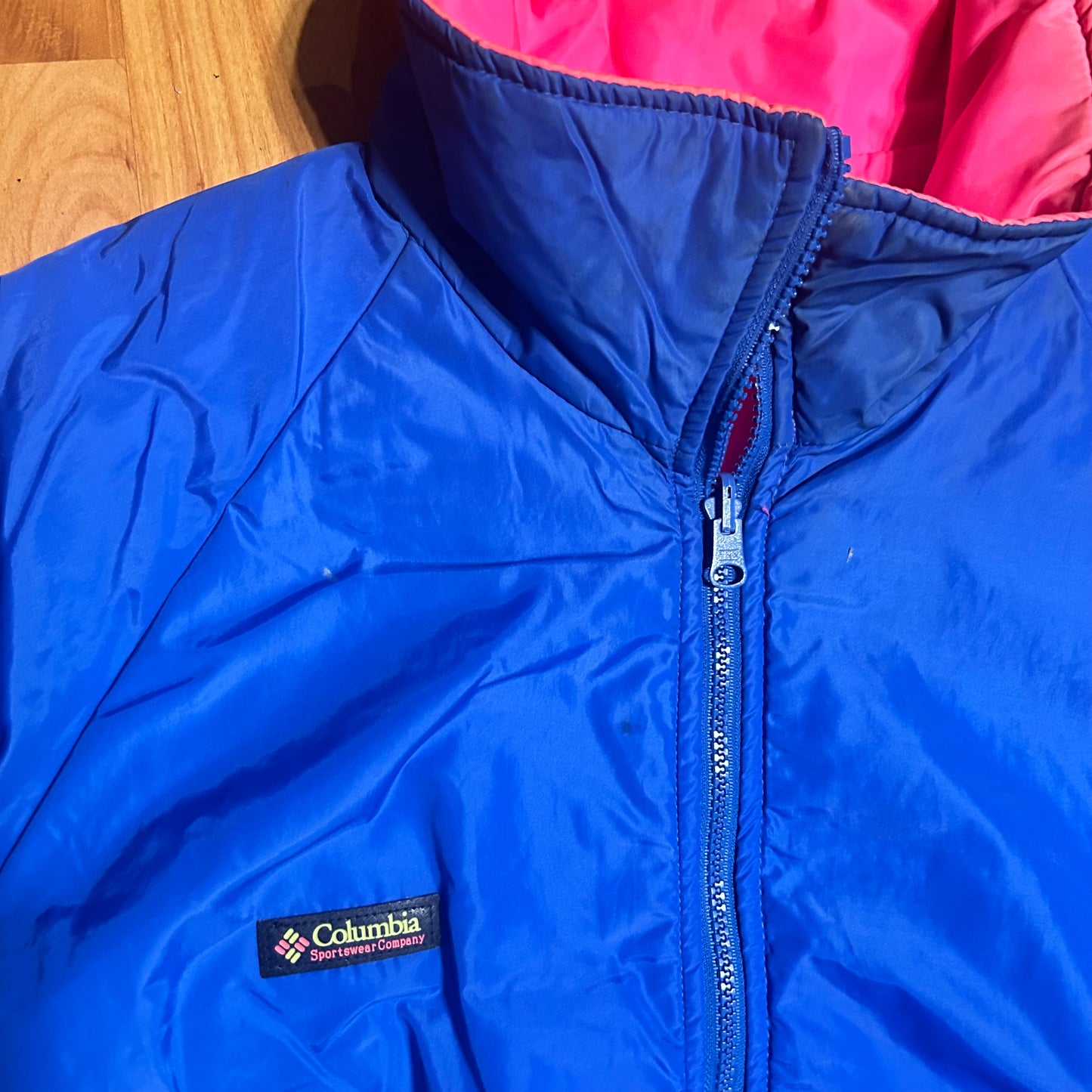 80/90's Columbia Reversible Pink Blue Neon Puffer Jacket Ski Coat - Large - 23” x 25”