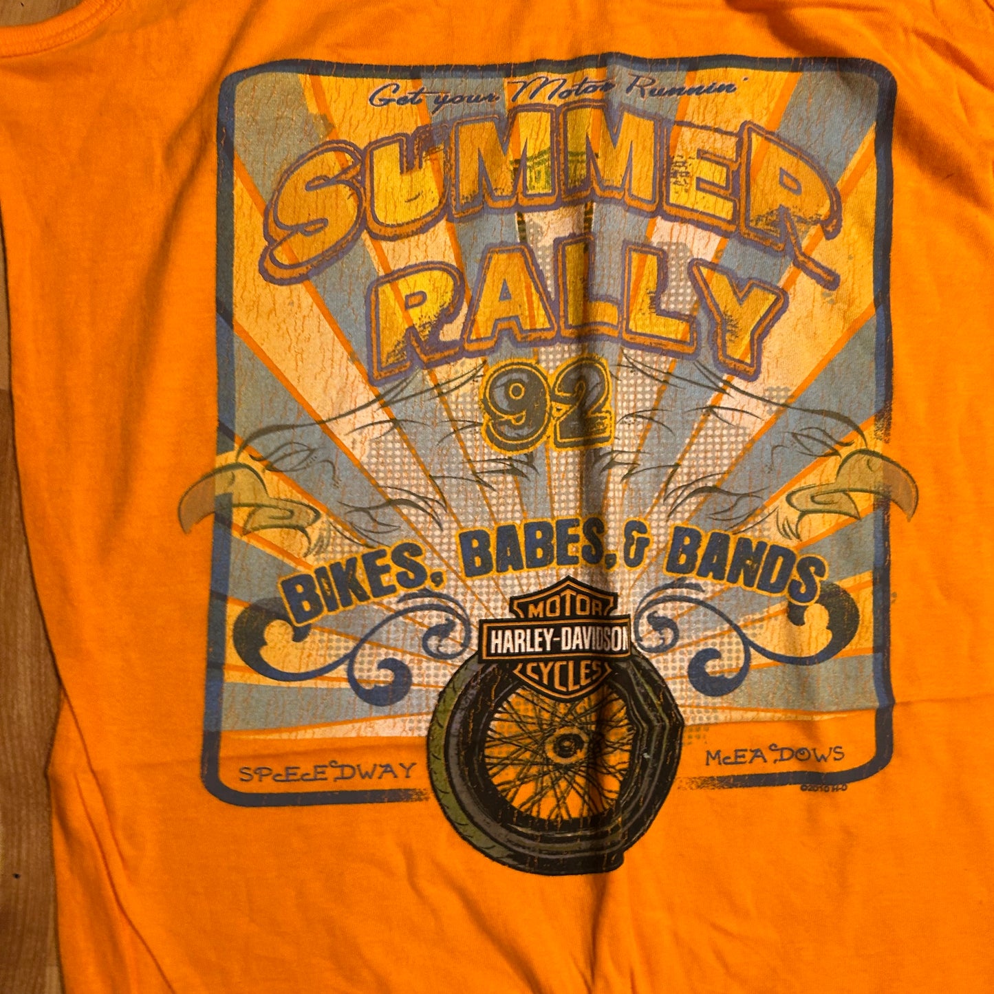 Harley Davidson Motorcycles Collierville Tennessee Summer Rally 92 Bikes Babes Bands Speedway Meadows Orange Tank Top Shirt - XSmall - 16" x 28"
