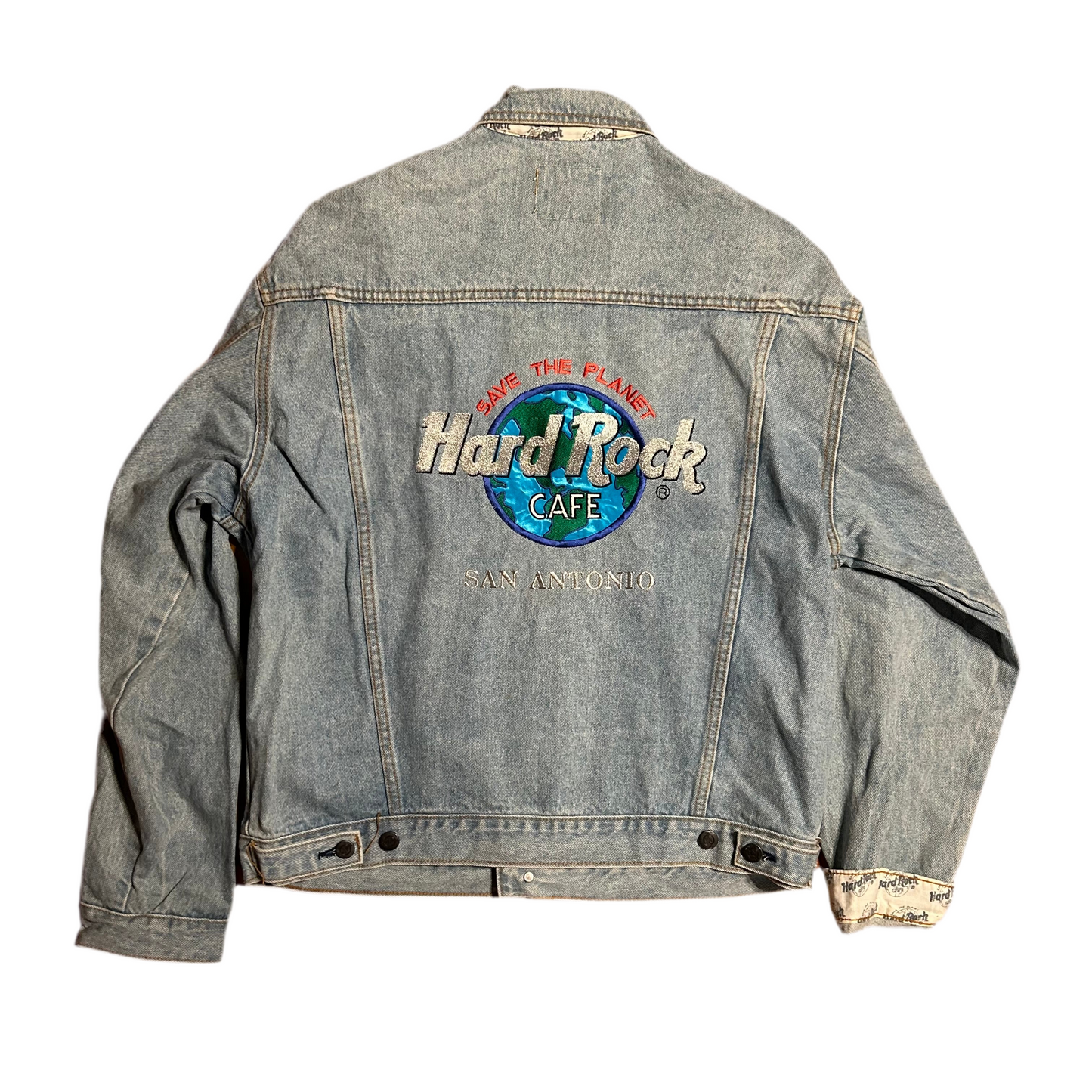 Hard Rock Cafe Save the Planet Denim Button Up Jean Jacket - Large - 23” x 26.5”