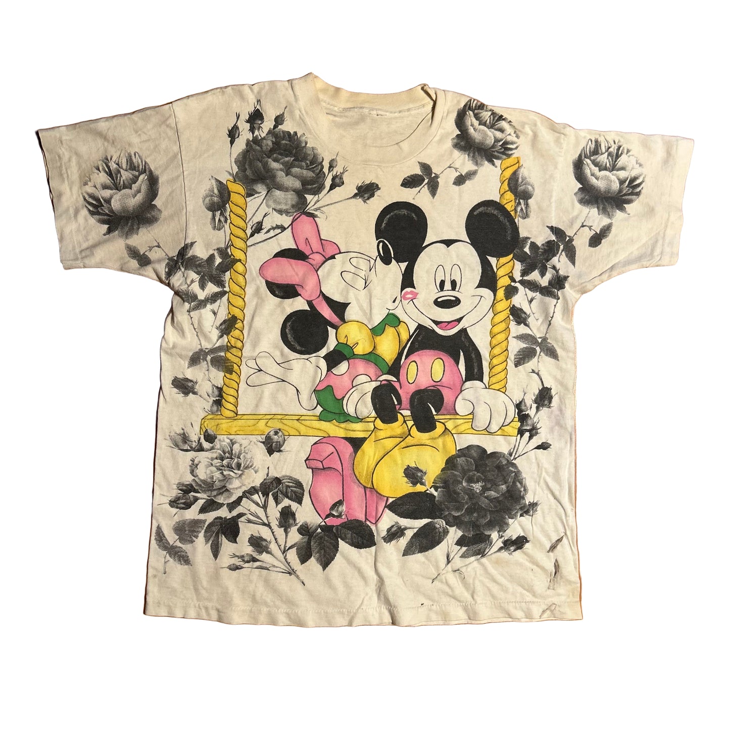 80/90’s Disney Mickey Minnie Romantic Swing Flower Love White Tshirt - Large - 23.5” x 29”