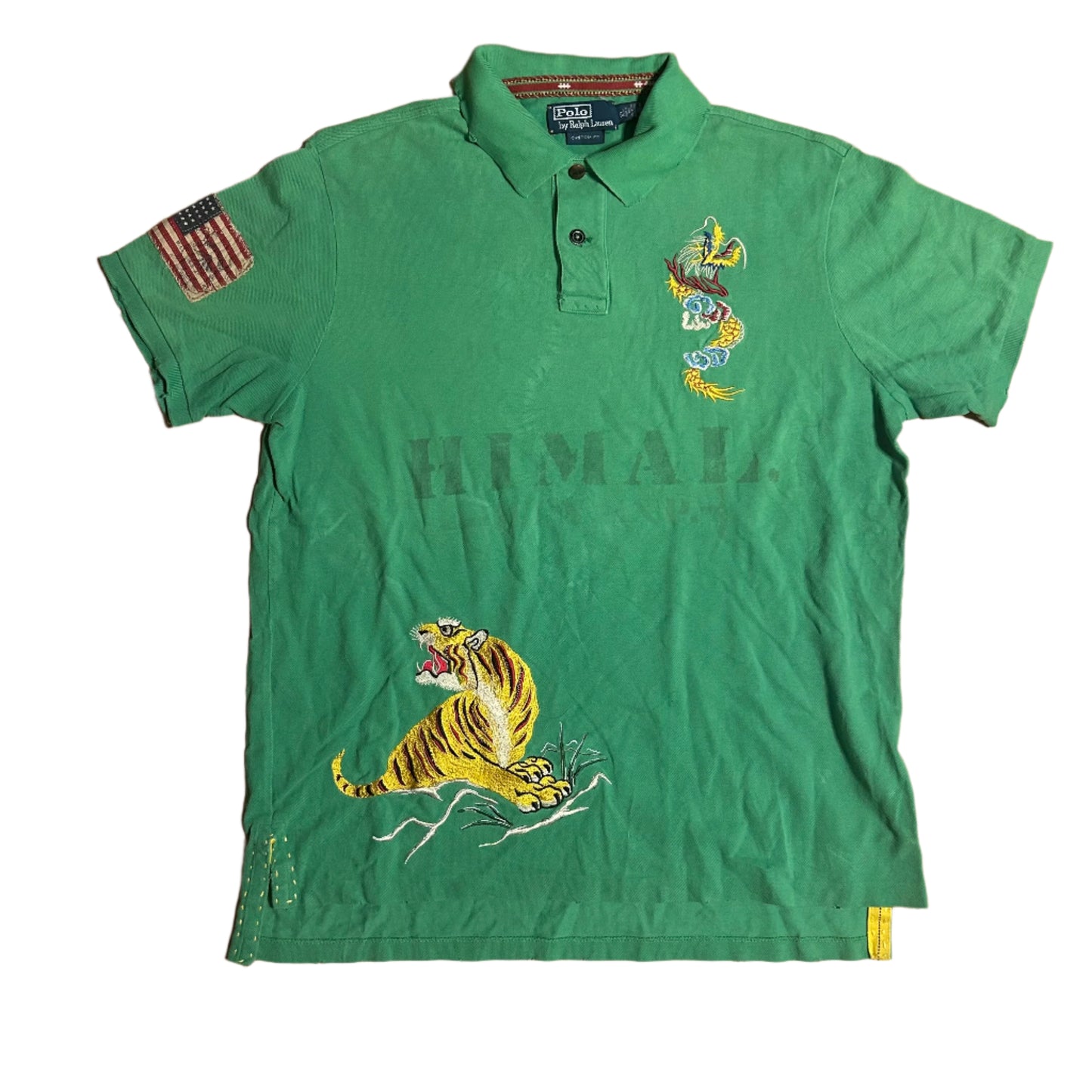 Polo Ralph Lauren Cotton Himal Lion Tiger Embroidered Custom Green Collared Short Sleeve Polo Shirt - Large - 23” x 27”