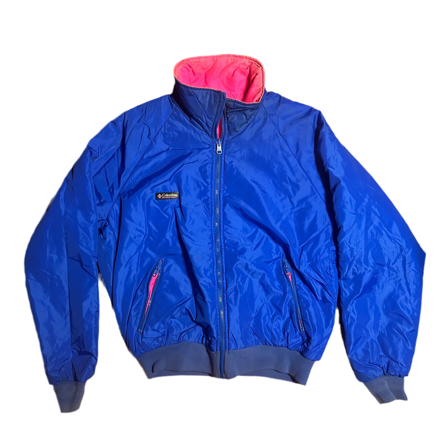 80/90's Columbia Reversible Pink Blue Neon Puffer Jacket Ski Coat - Large - 23” x 25”