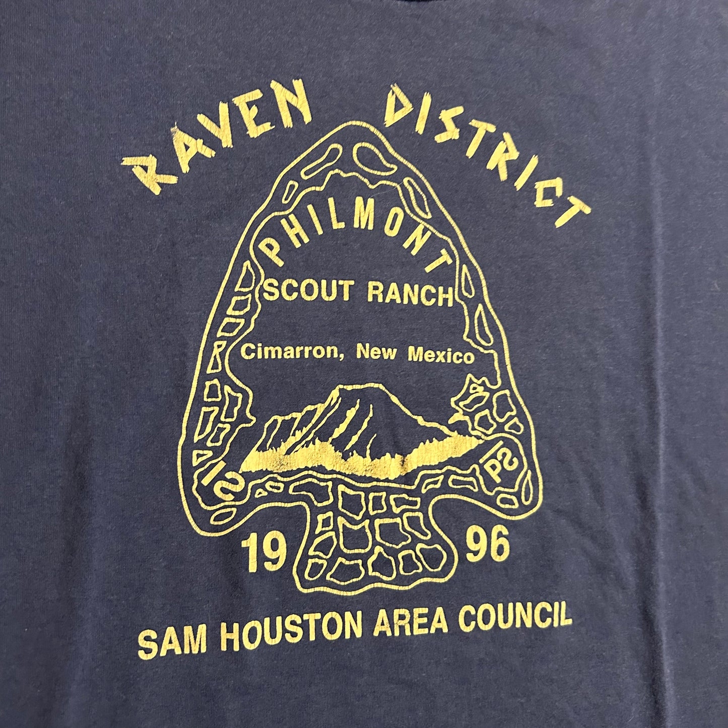 90’s FOTL Boy Scouts Philmont Scout Ranch 1996 Raven District Sam Houston Area Council Cimarron New Mexico Navy Tshirt - Large - 23” x 28”