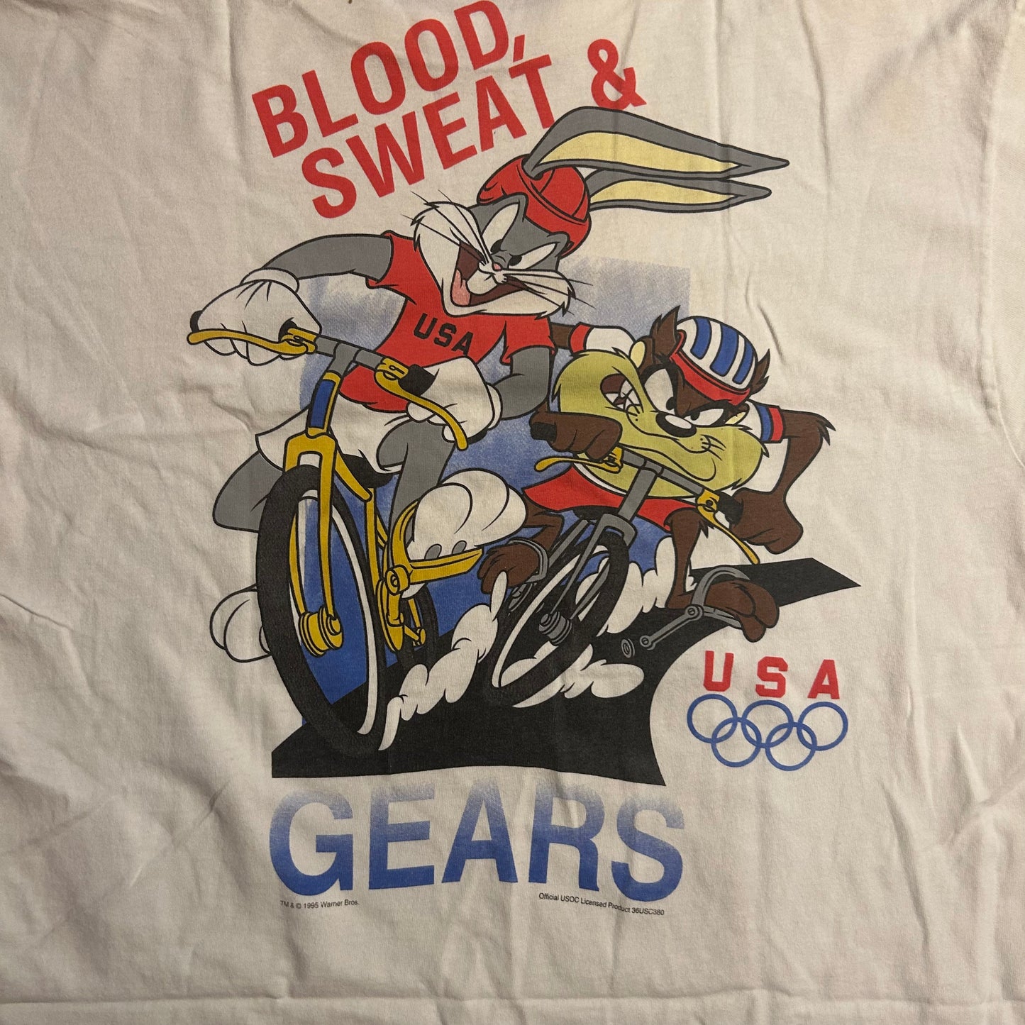 90’s Hanes Heavyweight 1995 Looney Tunes Olympics Blood Sweat Gears USA Tshirt - Medium - 21” x 29”