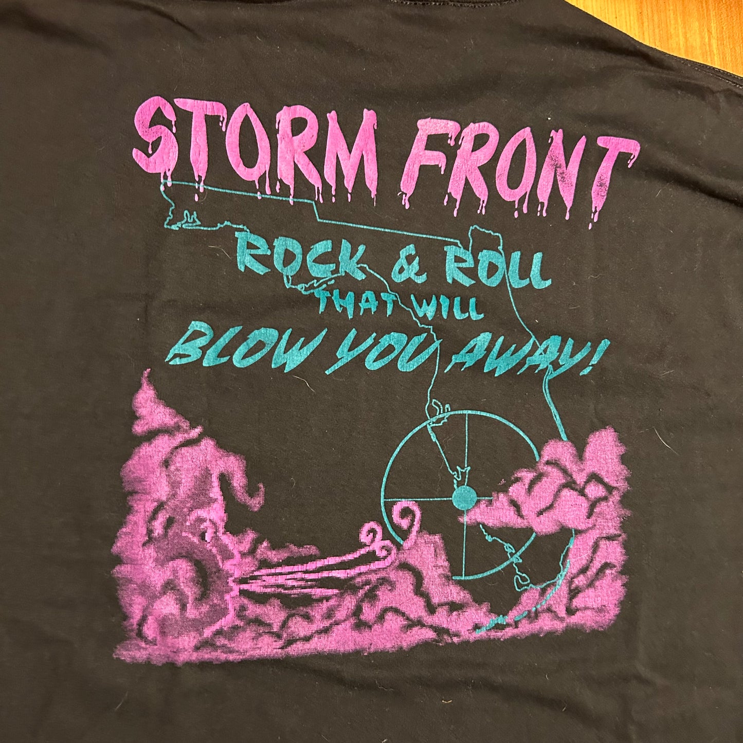 90’s Jerzees Storm Front Rock and Roll That Will Blow You Away Black Pocket Tshirt - Large - 22.5” x 30”