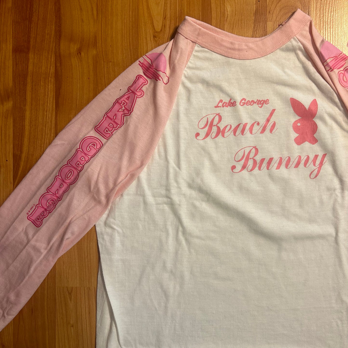 80’s 1982 Lake George Beach Bunny Sport-T Raglan Cut Longsleeve Shirt - Medium / Small - 19.5” x 28”