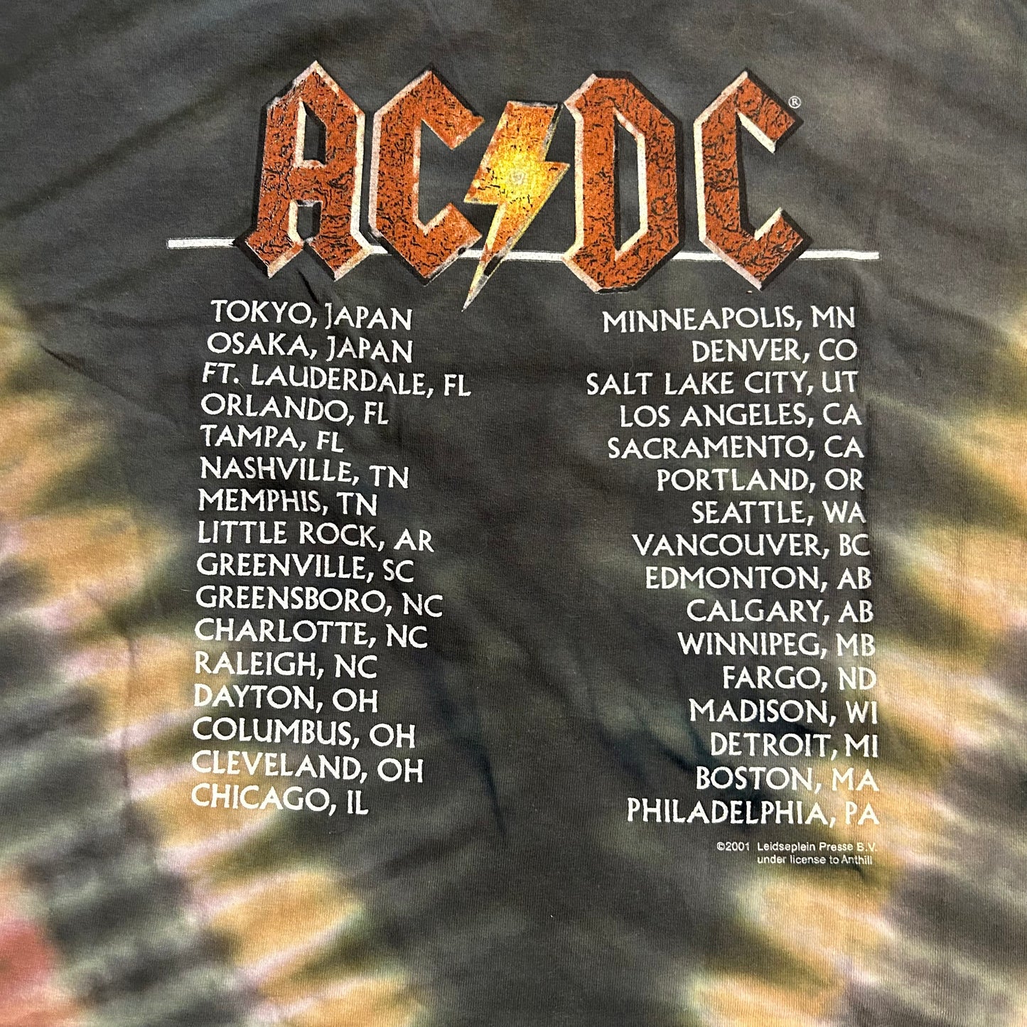 2001 AC/DC Anvil Tie Dye Leidseplein Presse BV Tour Band Tshirt - Large - 22” x 29”