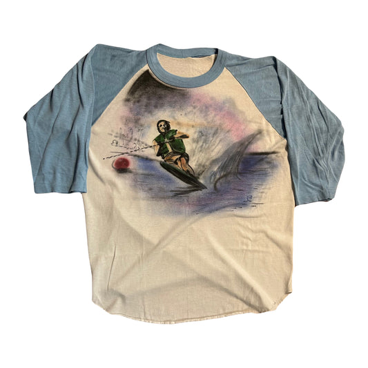 70/80’s Raglan Wakeboarding Surfer Person Airbrushed Half Sleeve Shirt - Medium - 20” x 25”