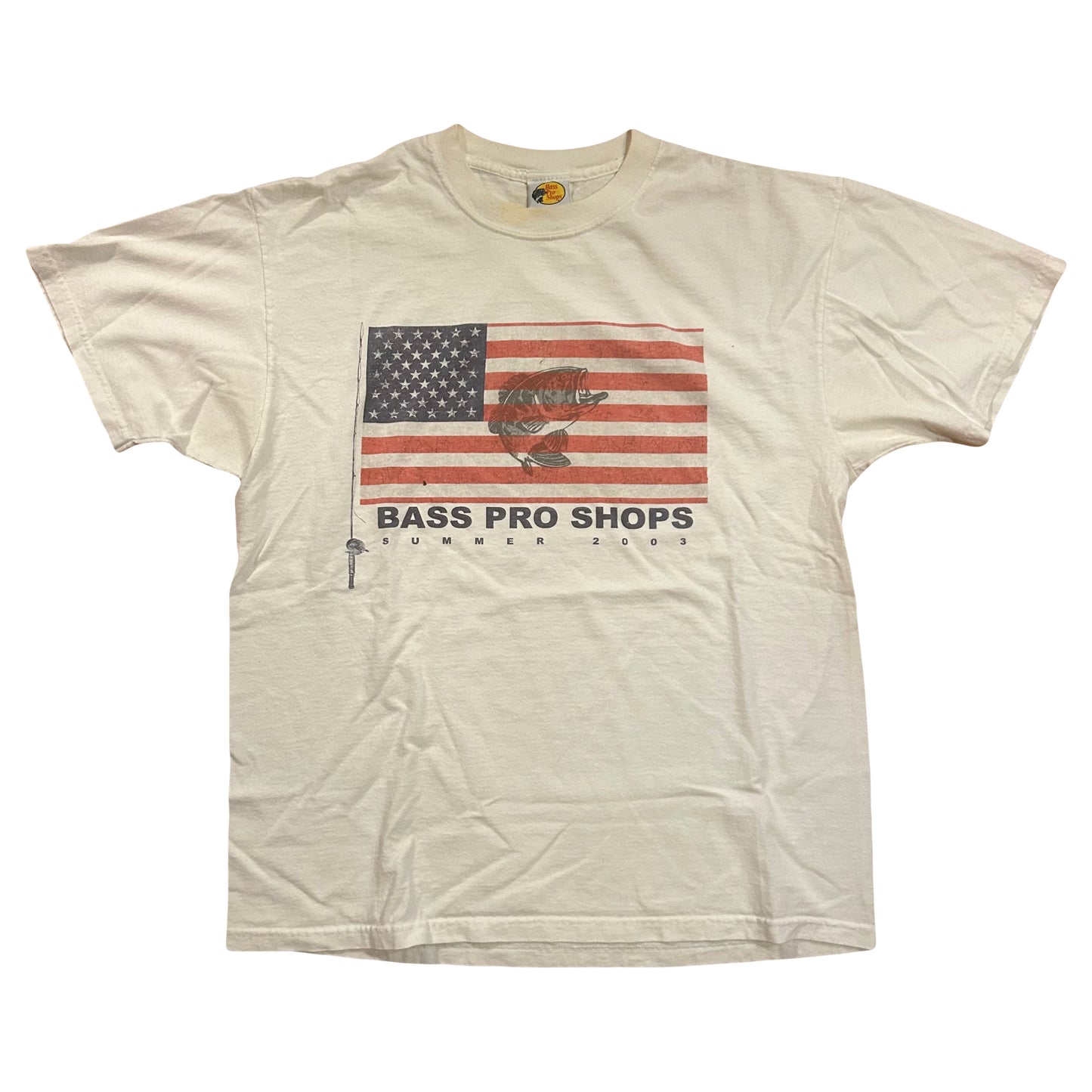 2003 Bass Pro Shops Fishing Flag America USA Tshirt - Medium - 21” x 26”