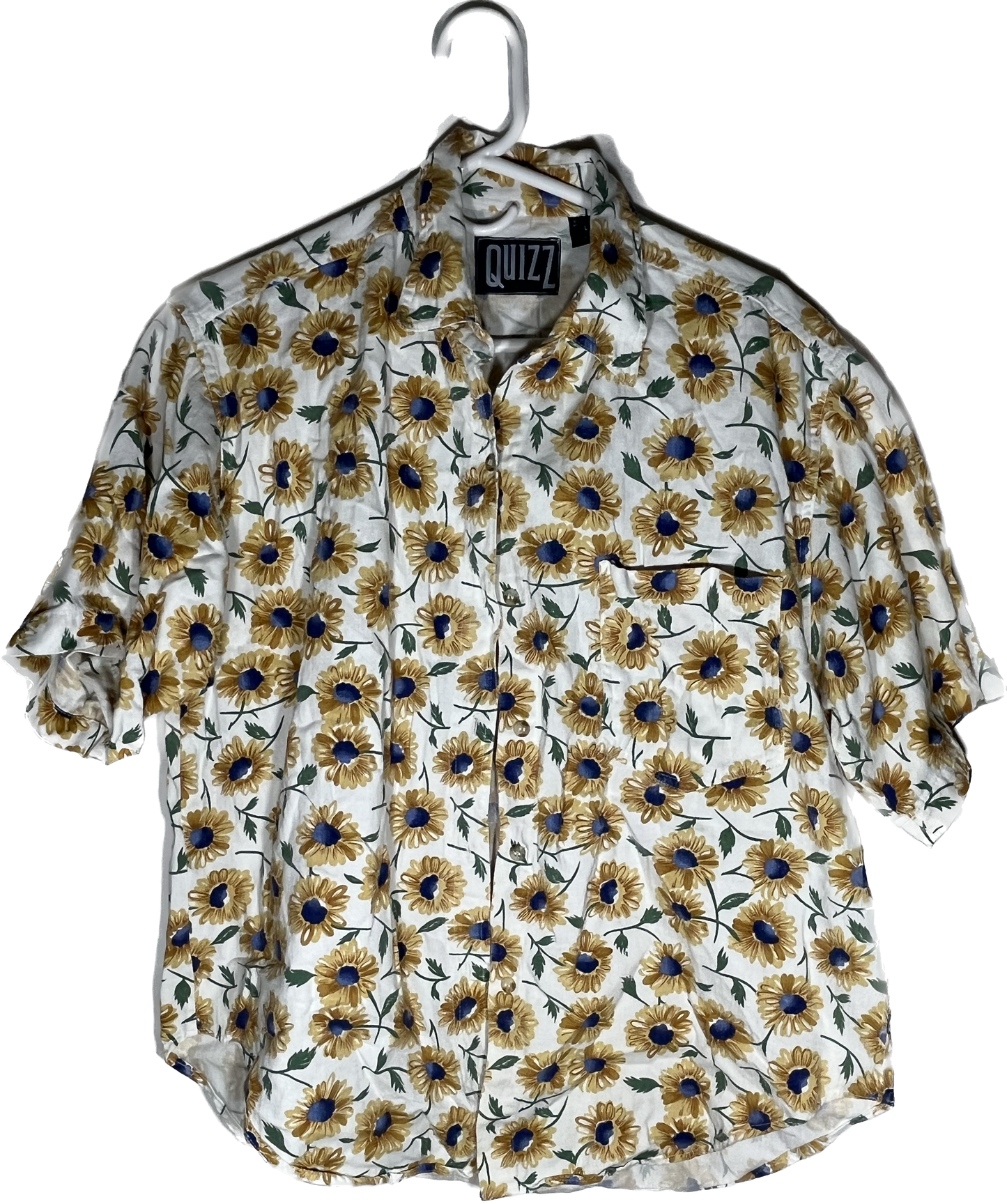 90/00's Quizz Sunflower Short Sleeve Button Up Shirt - Medium - 21” x 27”