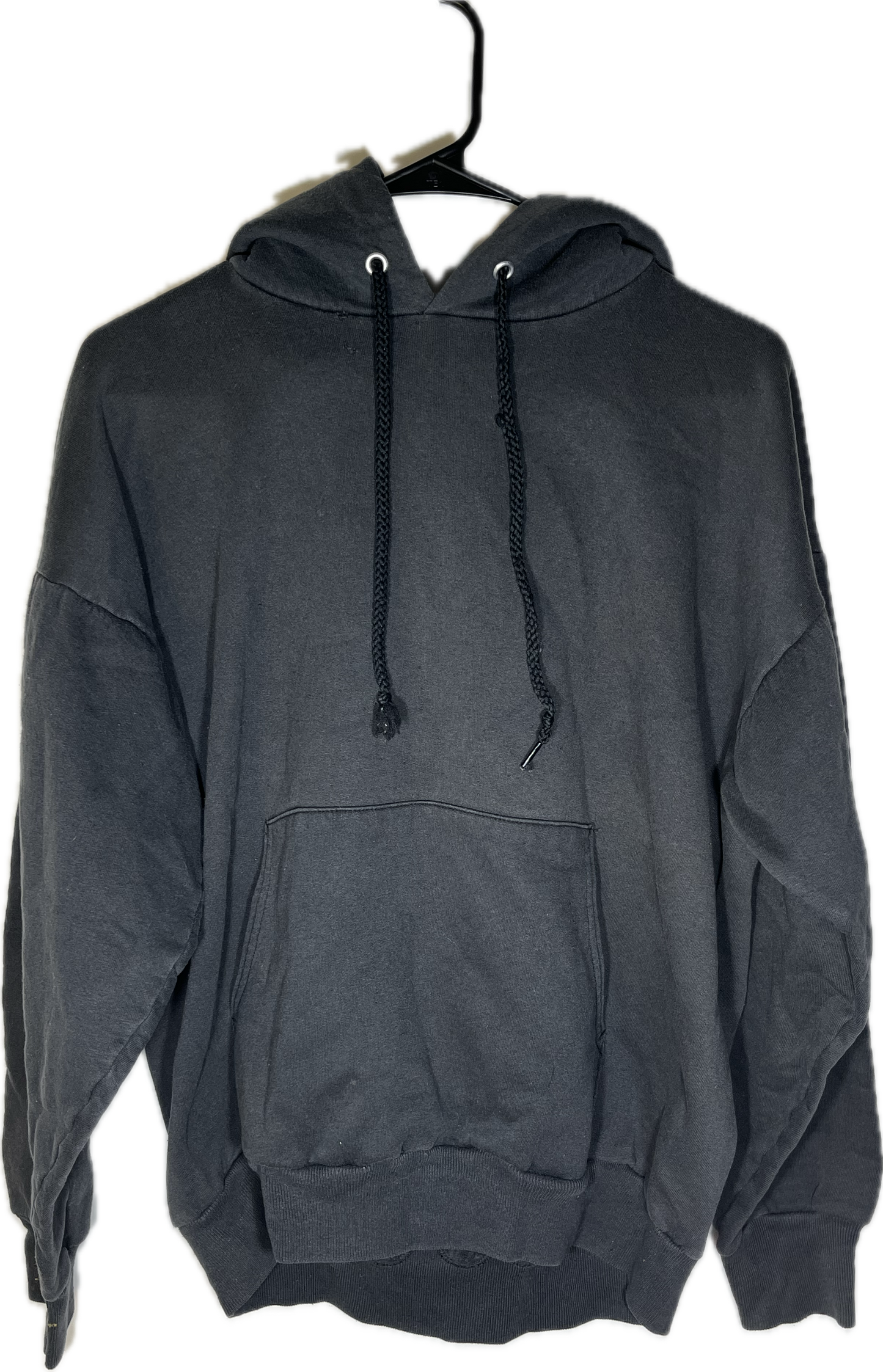 90’s Blank Faded Black Greyish Boxy Hoodie Sweatshirt - Large - 22.5” x 22”