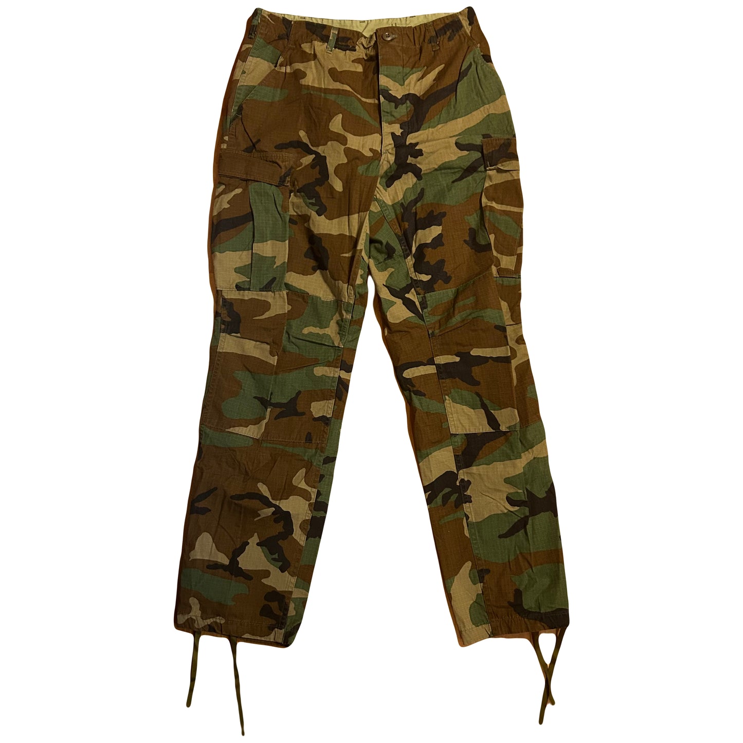 80’s Woodland Camo Hot Weather Cargo Trousers Camouflage Combat Cotton Pants - Adjustable Medium Long - 31-35” x 33”