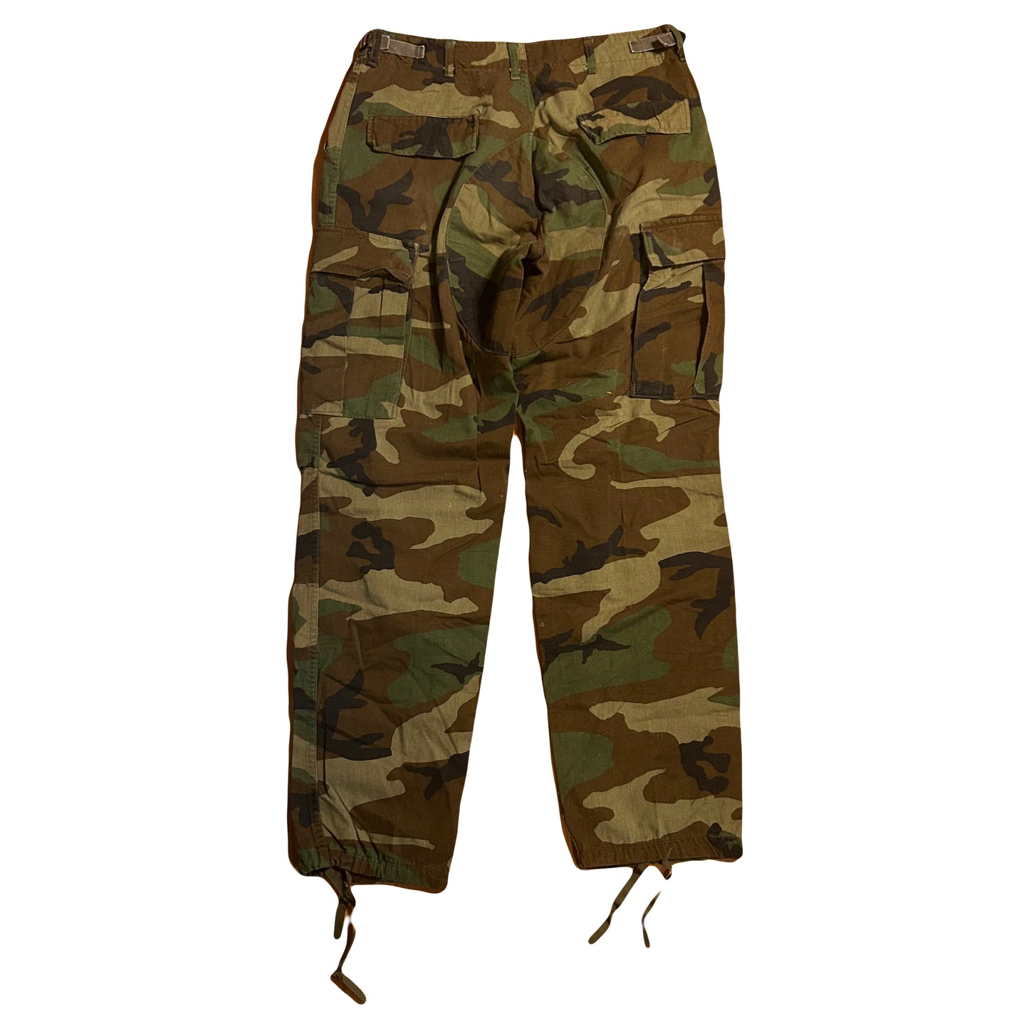 80’s Woodland Camo Cargo Trousers Combat Camouflage Nylon Cotton Pants - Adjustable Medium Long - 31”-35” x 33”